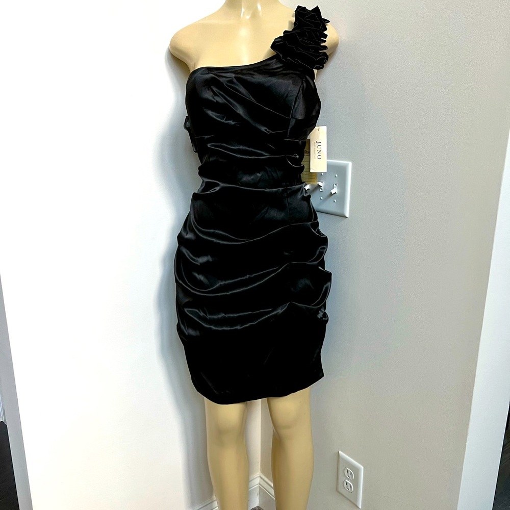 Juno black one shoulder satin dress